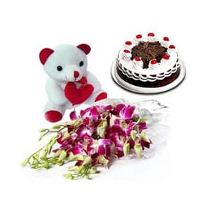Orchids with Blackforest Cake n Teddy